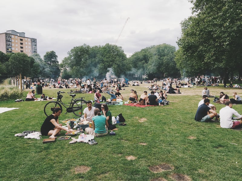 Groups of people eating in a park